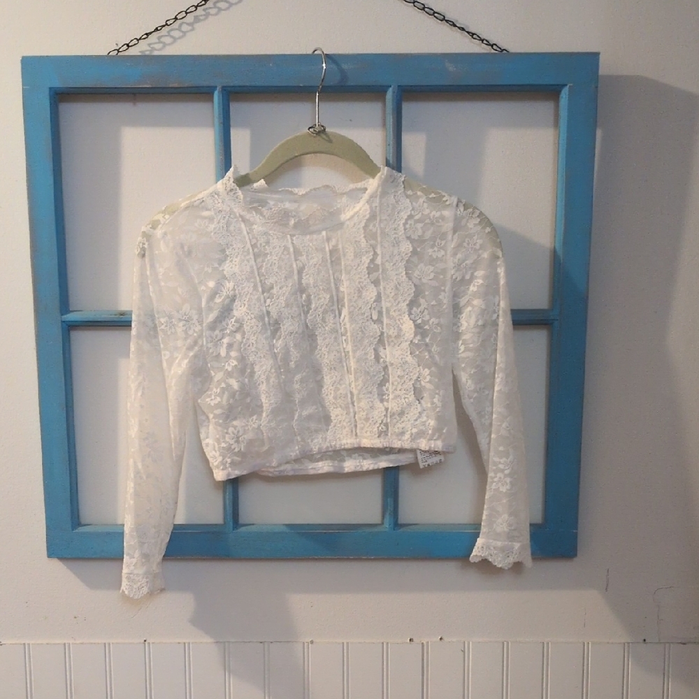 SHEIN White Lace Long Sleeve Crop Top Blouse